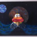 duck in boat flying through space