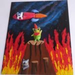 cat in rocket flying on alien planet